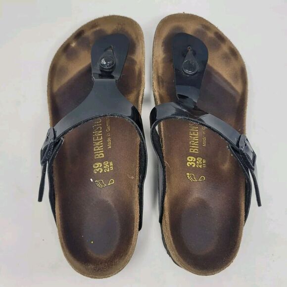 Birkenstock Sandals Womens EU39 US8 Gizeh Black Patent Leather Slides Comfort - Picture 5 of 10